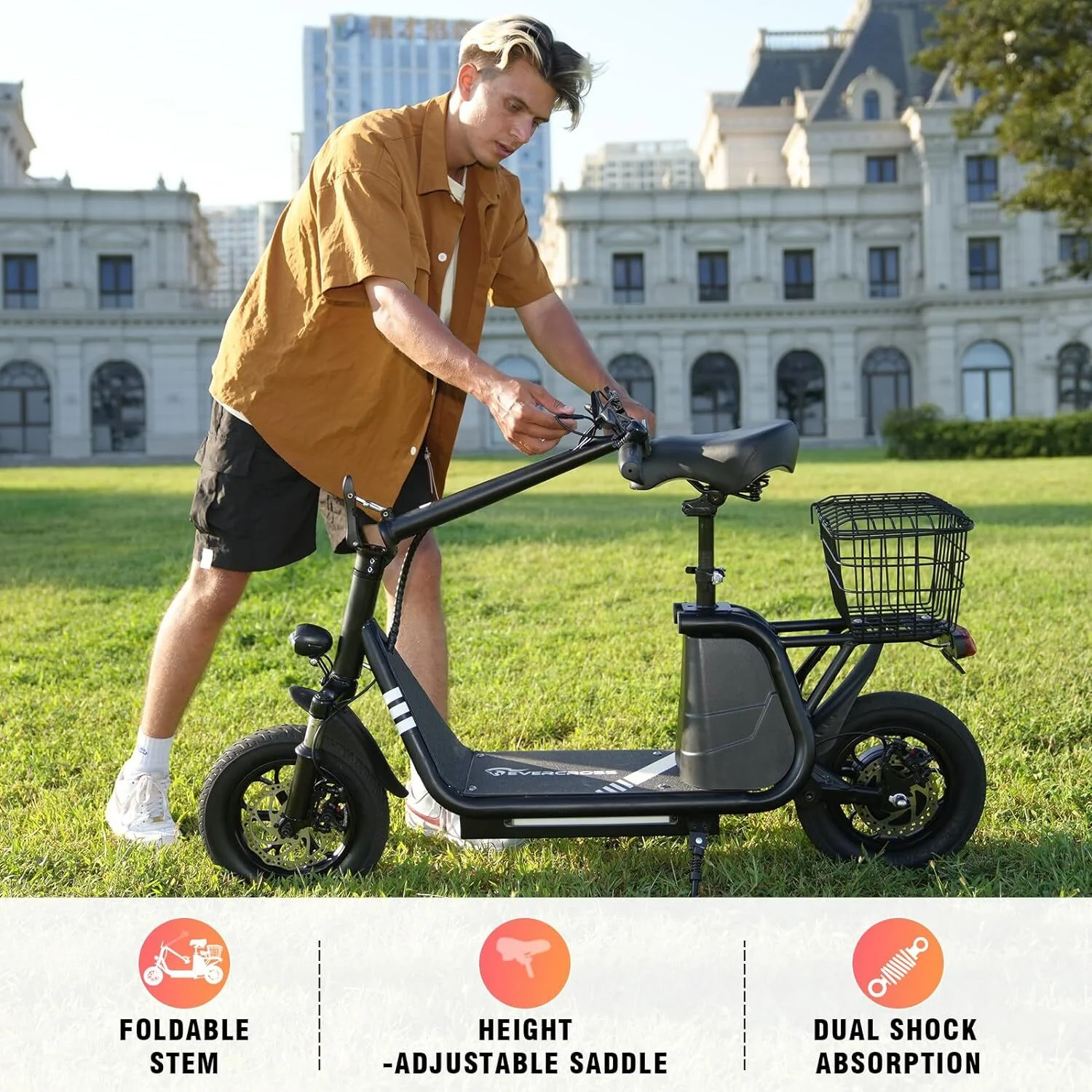 EVERCROSS Electric Scooter with Seat for Adult, 400W Motor up to 22 Miles Range & 18.6Mph, 12" Pneumatic Tire Foldable Scooter with Seat & Carry Basket