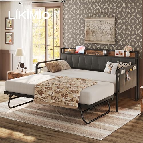 LIKIMIO Daybed with Trundle Bed, Twin Bed Frame with Storage Headboard and Charging Station, Sofa Day Bed with Strong Supports for Living Room, Bedroom, and Guest Room, Grey