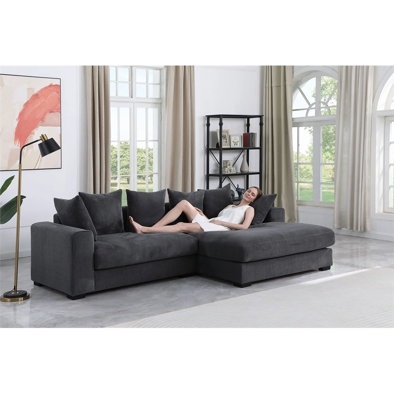 3 - Piece Upholstered Corduroy  Sectional Sofa With Chaise- Dark Gray