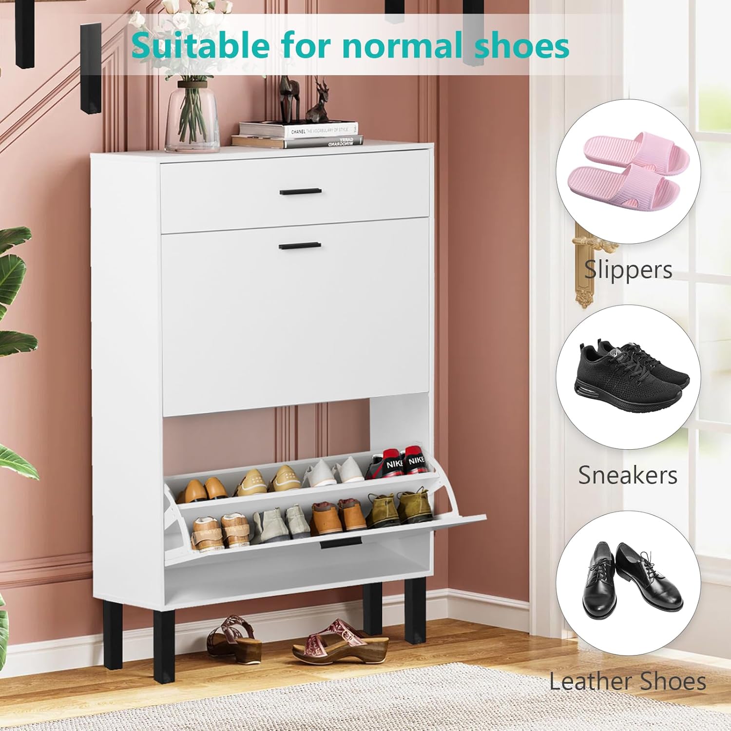 Slim Shoe Cabinet with Doors Wooden Free Standing Shoe Rack with 2 Flip Drawers Modern White Shoe Storage Cabinet with Drawer for Entryway Hallway Living Room Bedroom Apartment