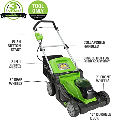 Greenworks 40V 17" Cordless (Push) Lawn Mower (75+ Compatible Tools), 4.0Ah Battery and Charger Included