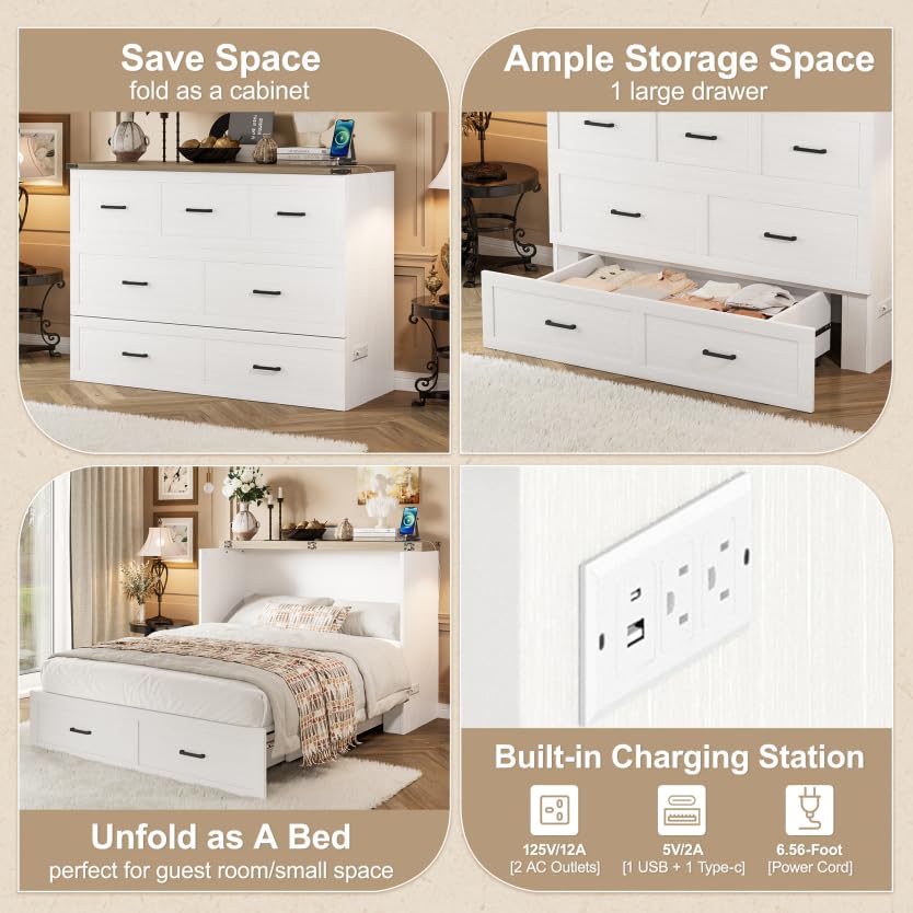 Bellemave Queen Murphy Bed, Cabinet Bed with Charging Station and Storage, Farmhouse Murphy Cabinet with Foldable Panel, Noisy Free, for Guest Bedroom, Living Room, Office, Rustic Gray