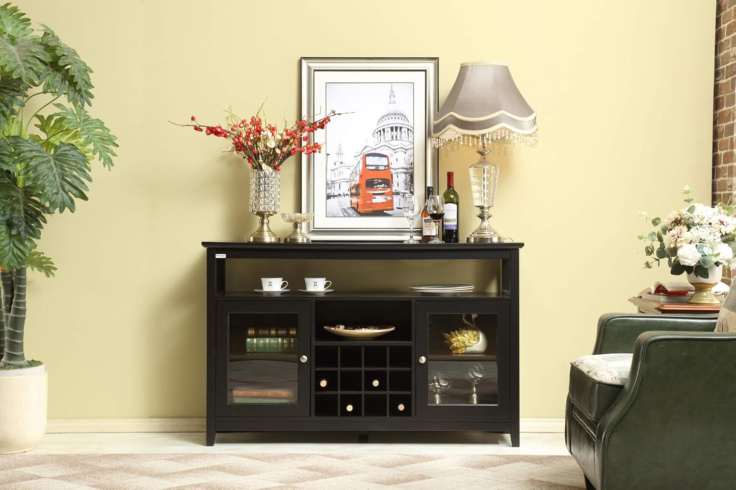 52" Concise Wooden Sideboard with Wine Rack, Liquor Cabinet Buffet Table Tall Console Dining Server Storage Cabinet, Coffee Bar Cabinet with Adjustable Shelves, Painted Finish, Black