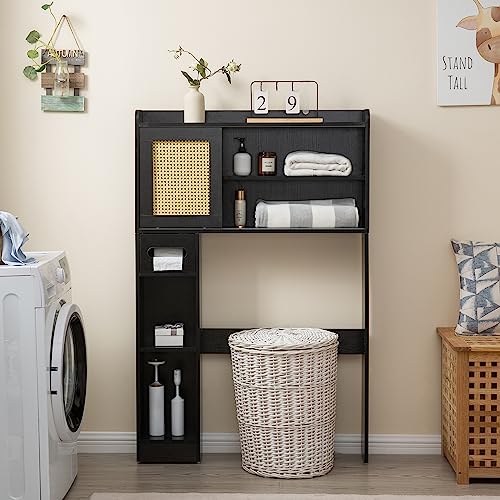 6Tier Over The Toilet Storage Cabinet, Freestanding above Toilet Space Saver Rack w/Adjustable Shelves, Sliding Door, Multifunctional Over Toilet Organizer for Bathroom (White)