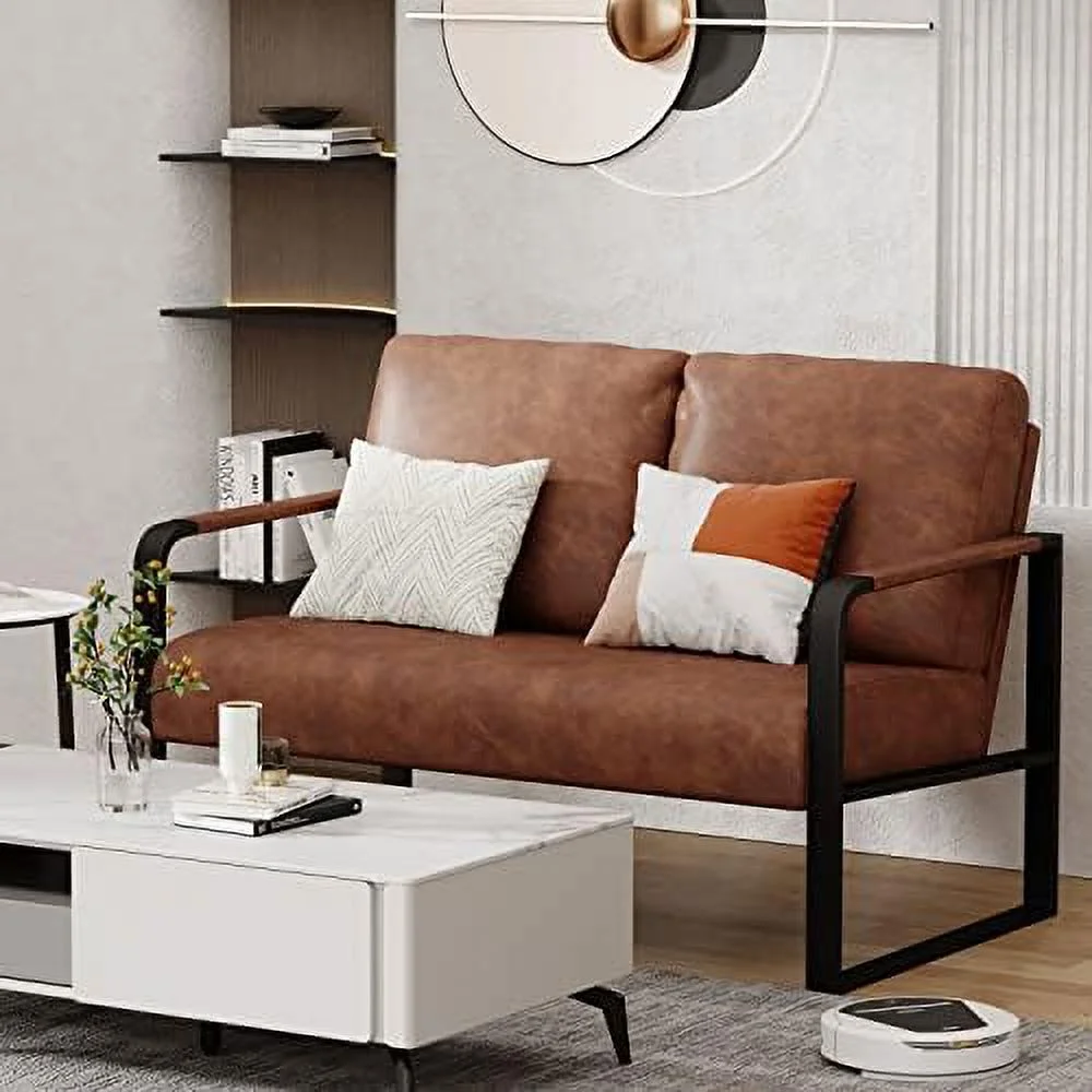 xrboomlife Love Seat Mini Couch Small Settee Loveseat Bench for Living Room  Faux Leather Loveseat Sofa Small Sofa Couches for Small Spaces with Padded Cushion  Mid Century Modern Dark Br