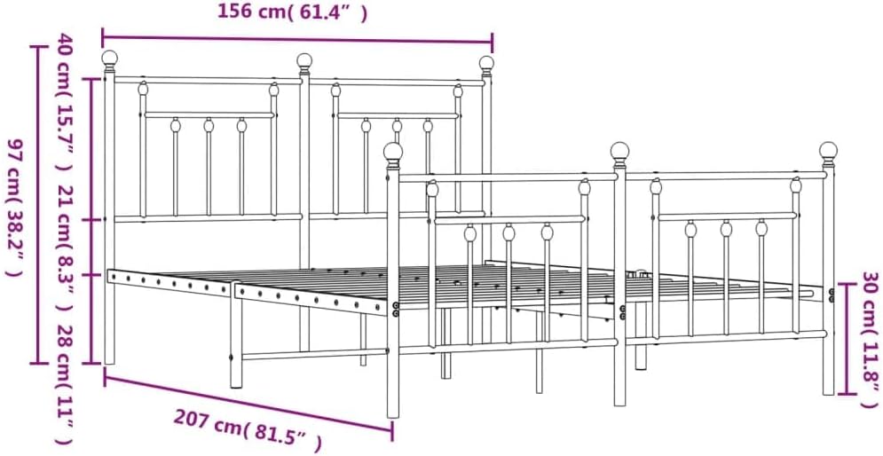 vidaXL Powder Coated Steel Bed Frame - Robust Black Metal Double Bed with Functional Headboard, Footboard and Extra Storage Space Beneath – Industrial Style