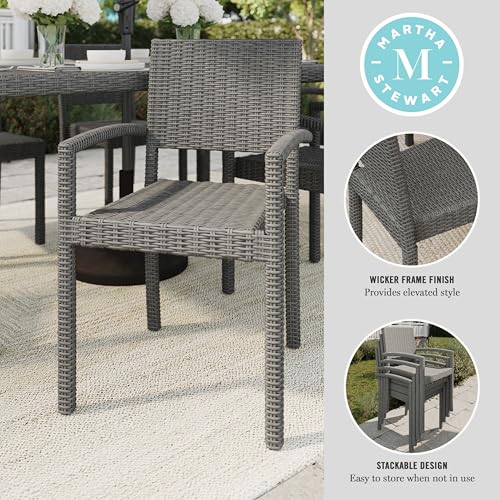 Martha Stewart Bedford Indoor-Outdoor Stackable Patio Armchairs with Rattan Wicker Finish in Brown, Set of 2
