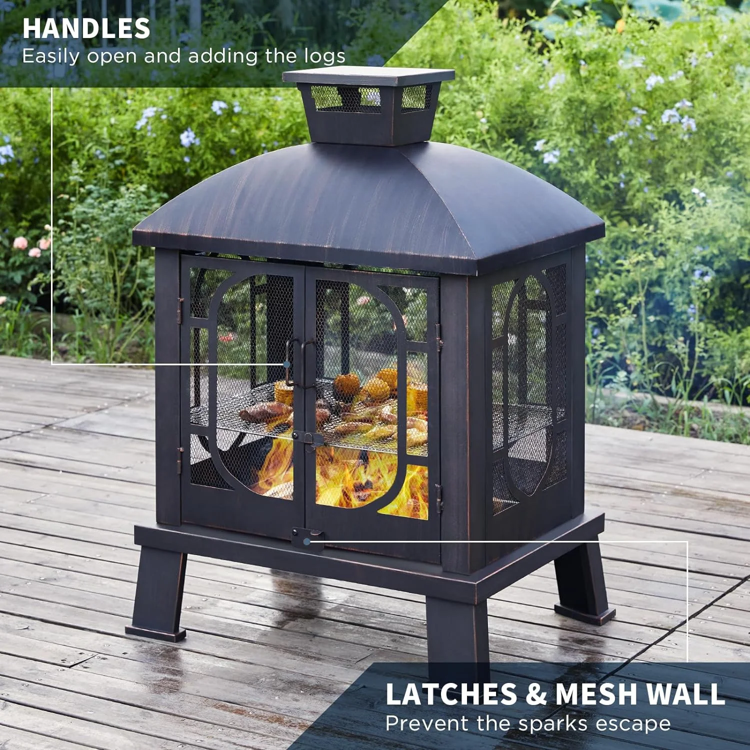 45 Inch Fire Pit Chimney, Pagoda Style Large Wood Burning Firepit, Outdoor Fireplace with Grill Grate for Barbecue, Patio, Backyard