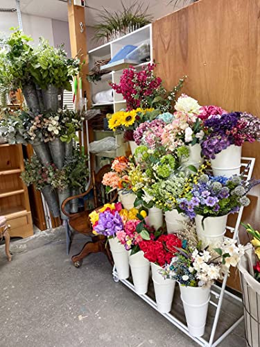 Flower Display Stand with Buckets, 3 Layers Metal Plant Stand, Moving Florist Bouquet Shelf for Fresh Flower Shop, for Patio Garden, Outdoor Flower Pop-Up Events (White Frame - White Bucket)