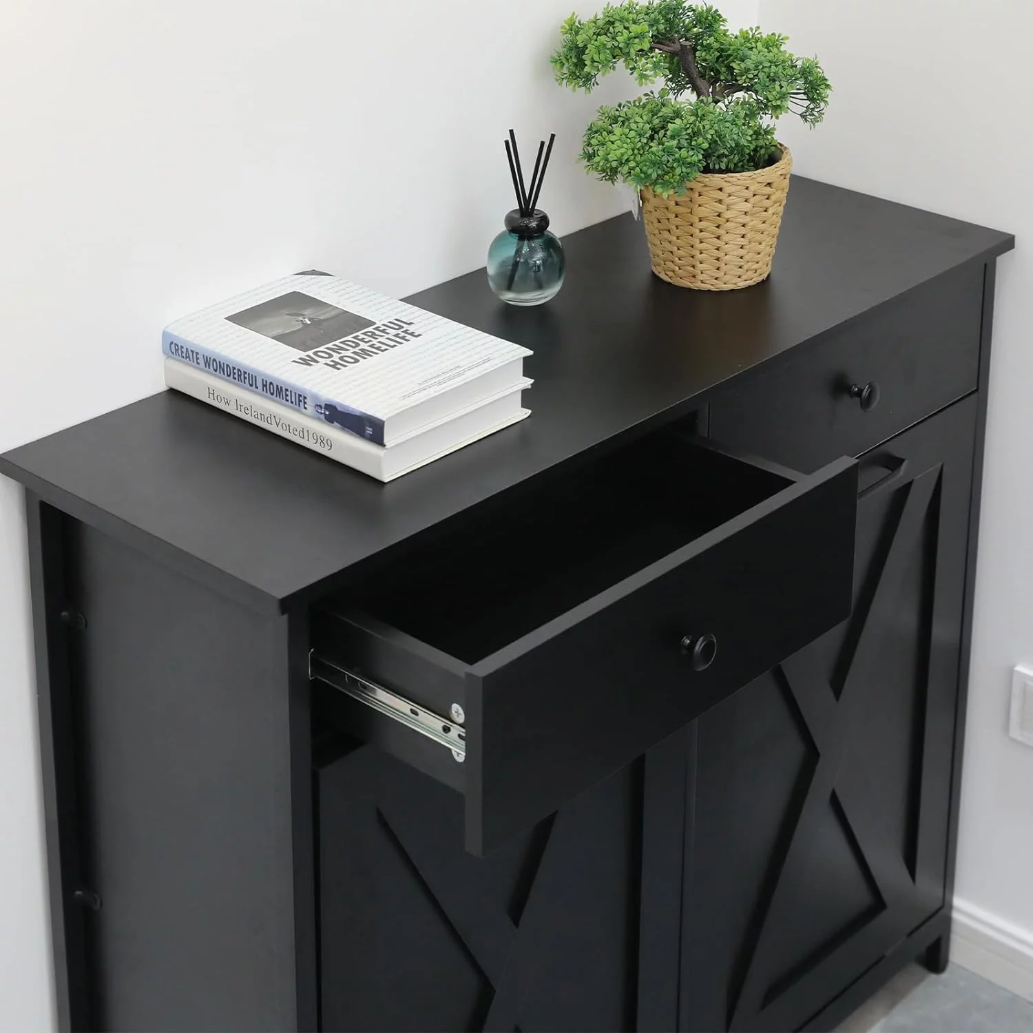 Arlopu Double Tilt Out Trash Cabinet Freestanding Kitchen Recycling Cabinet Garbage Can Holder with Drawers