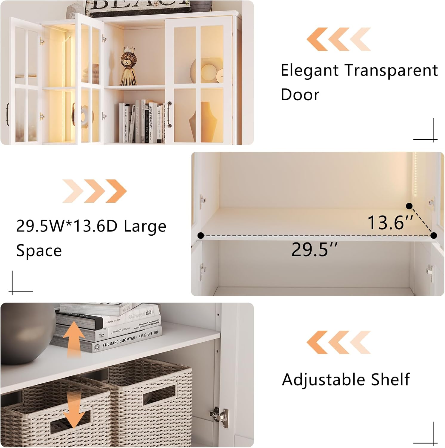 AMERLIFE 71" Tall Storage Cabinet with LED Lights, 5 Tier Large Modern Wood Kitchen Pantry with Acrylic Glass Doors & Shelves, Display Cabinet for Living Room, Dining Room, Bathroom, 6 Doors White