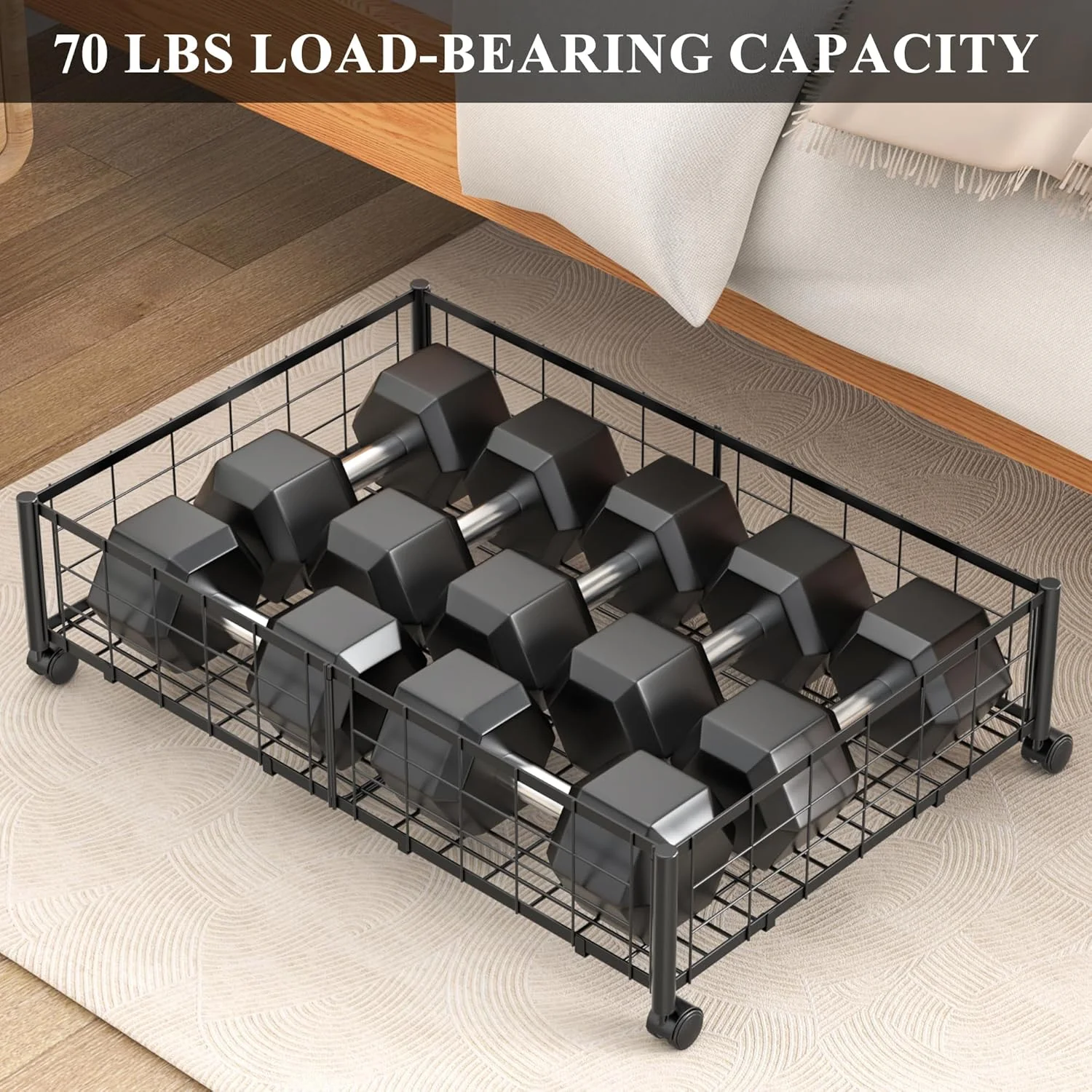Under Bed Storage with Wheels and Cover, 360? Rolling Under Bed Metal Drawers for Clothes, Blankets, Books and Shoes,Black