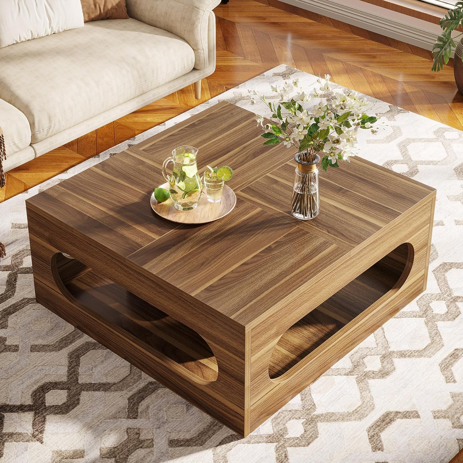 Tribesigns 43-Inch Coffee Table with LED Light, Square Coffee Table with Storage, Wood Cocktail Table, Farmhouse Center Table for Living Room Home Office, Brown