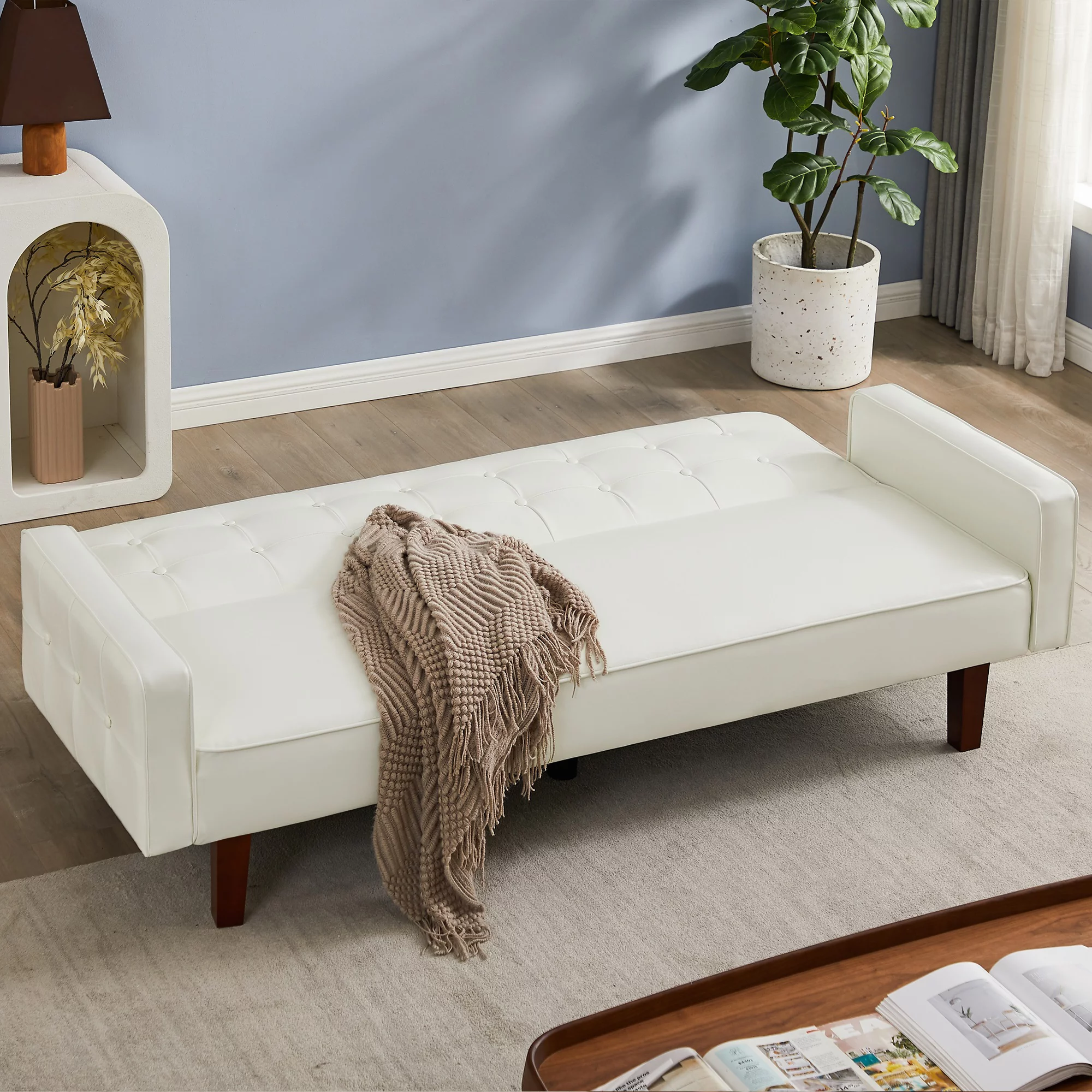Lemacte White Faux Leather Futon Sofa Couch,Button Tufted Convertible Sleeper Sofa Bed for Small Spaces, Living Room, Bedroom