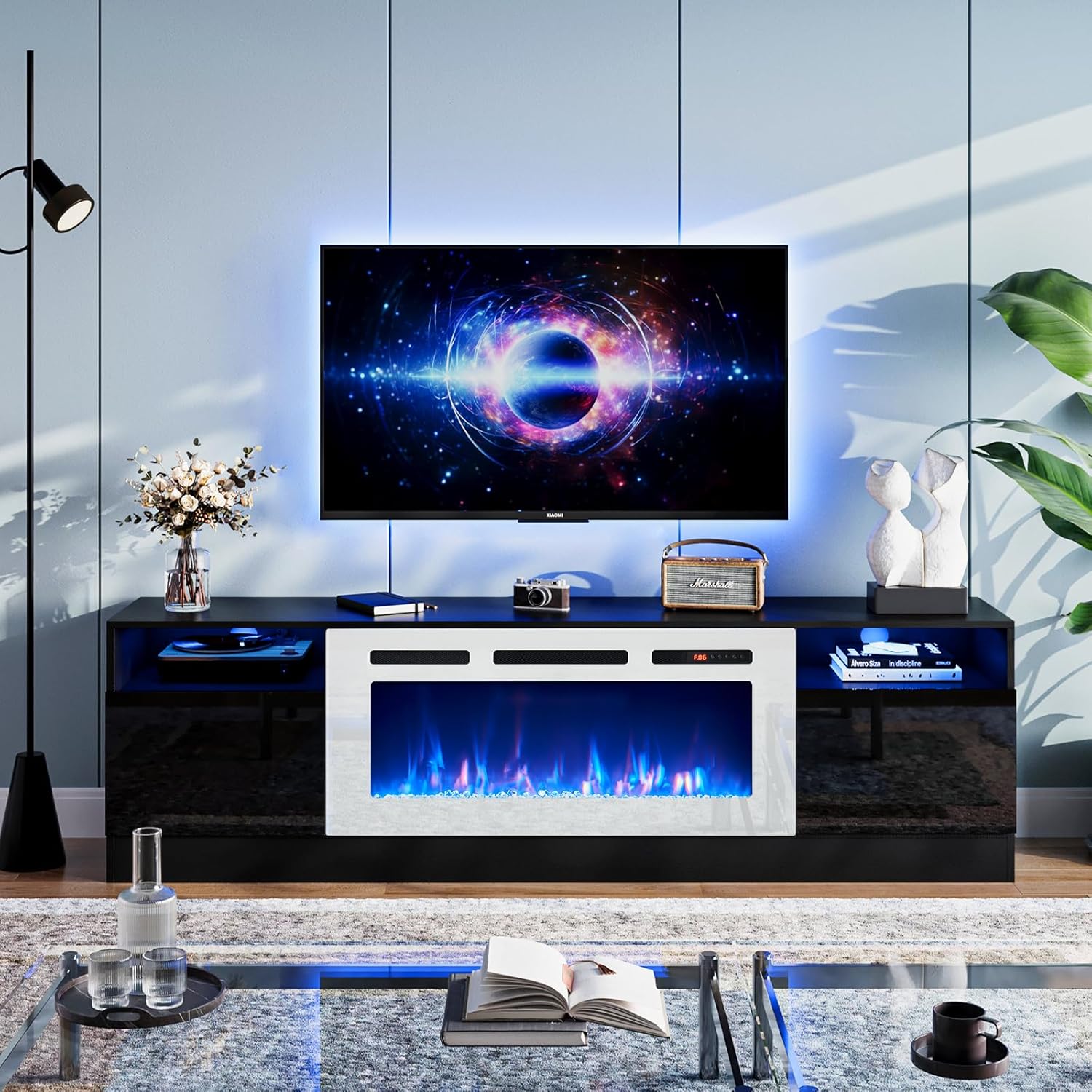 oneinmil Fireplace TV Stand with 36" Electric Fireplace, LED Light Entertainment Center with Modern Wood Texture, Highlight Storage Cabinet for TVs Up to 90", 79 inches, Black