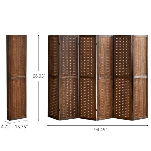 4 Panel Room Divider with Shelves, 5.6Ft Pegboard Display with 16 Hooks,Soild Wood Room Divider, Folding Privacy Screen, Freestanding Display for Hoom Store (Natural)