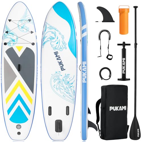 PUKAMI Inflatable Paddle Board for Adults,10.6' Stand Up Paddle Board with Premium SUP Accessories & Carry Bag,Paddle,Pump,Leash,Wide Stable Design,Non-Slip Deck,Surf Control for Youth