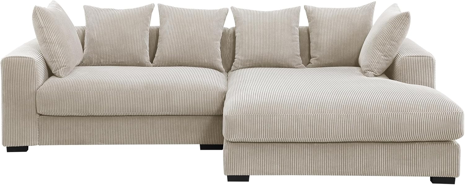 Corduroy 3-Piece Upholstered Sectional Chaise,L Shaped Sofa with Versatile Ottoman and Six Complementary Toss Pillows for Living Room,Apartment,Office,Beige
