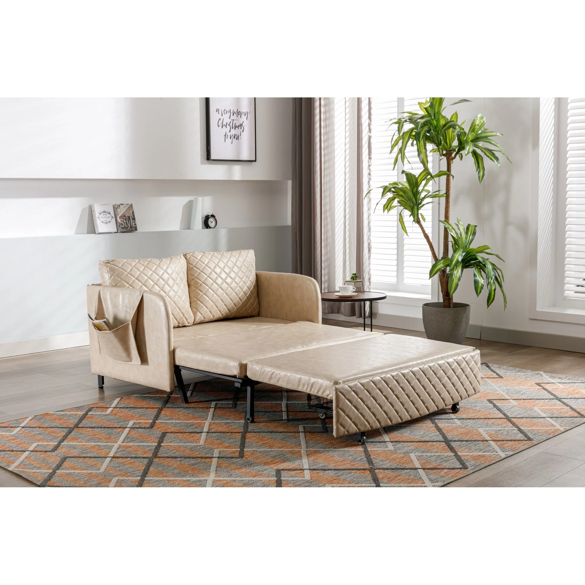 HOMEFUN Linen/PU Loveseat Convertible Storage Sleeper Sofa Bed with Headboard Beige+Linen