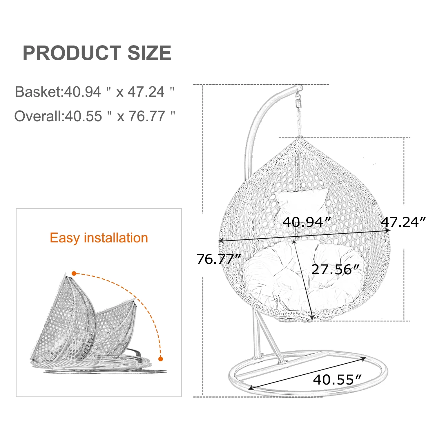 Sudica Egg Swing Chair with Stand Patio Soft Cushion Rattan Wicker Hanging Egg Chair for Bedroom, Garden 350lbs Capacity, Brown