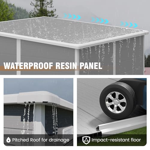 Outdoor Storage Shed, 6x6 FT Resin Shed with Floor and Lockable Door, Window, Vents, Tool Sheds and Outdoor Storage for Bike, Garden Accessories, Tools, Waterproof (Grey & White)