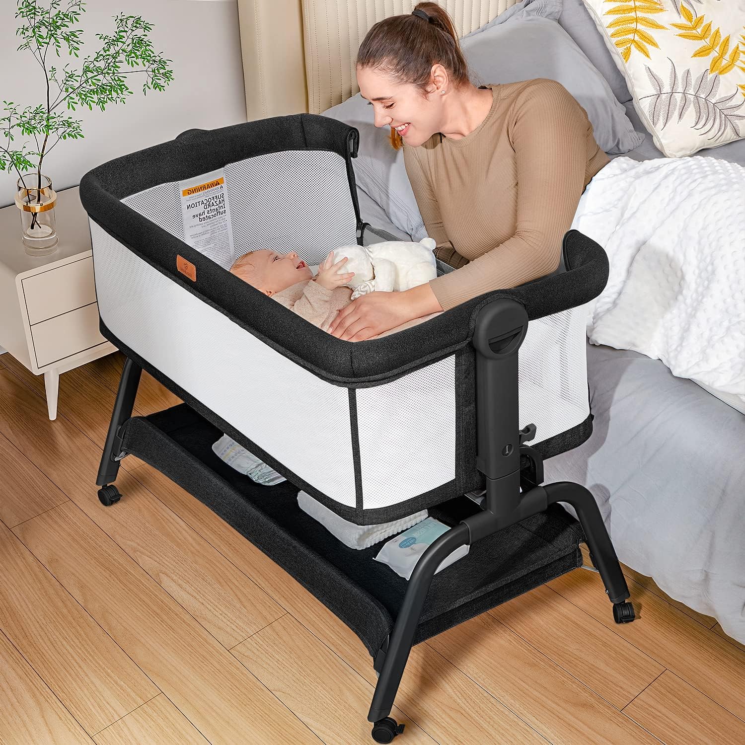 Baby Bassinet Bedside Crib, 3 in 1 Bassinet Bedside Sleeper with Soft Mattress and Breathable Sheet, 6 Height Adjustable Easy Folding Portable Bedside Bassinet for Newborn Infant
