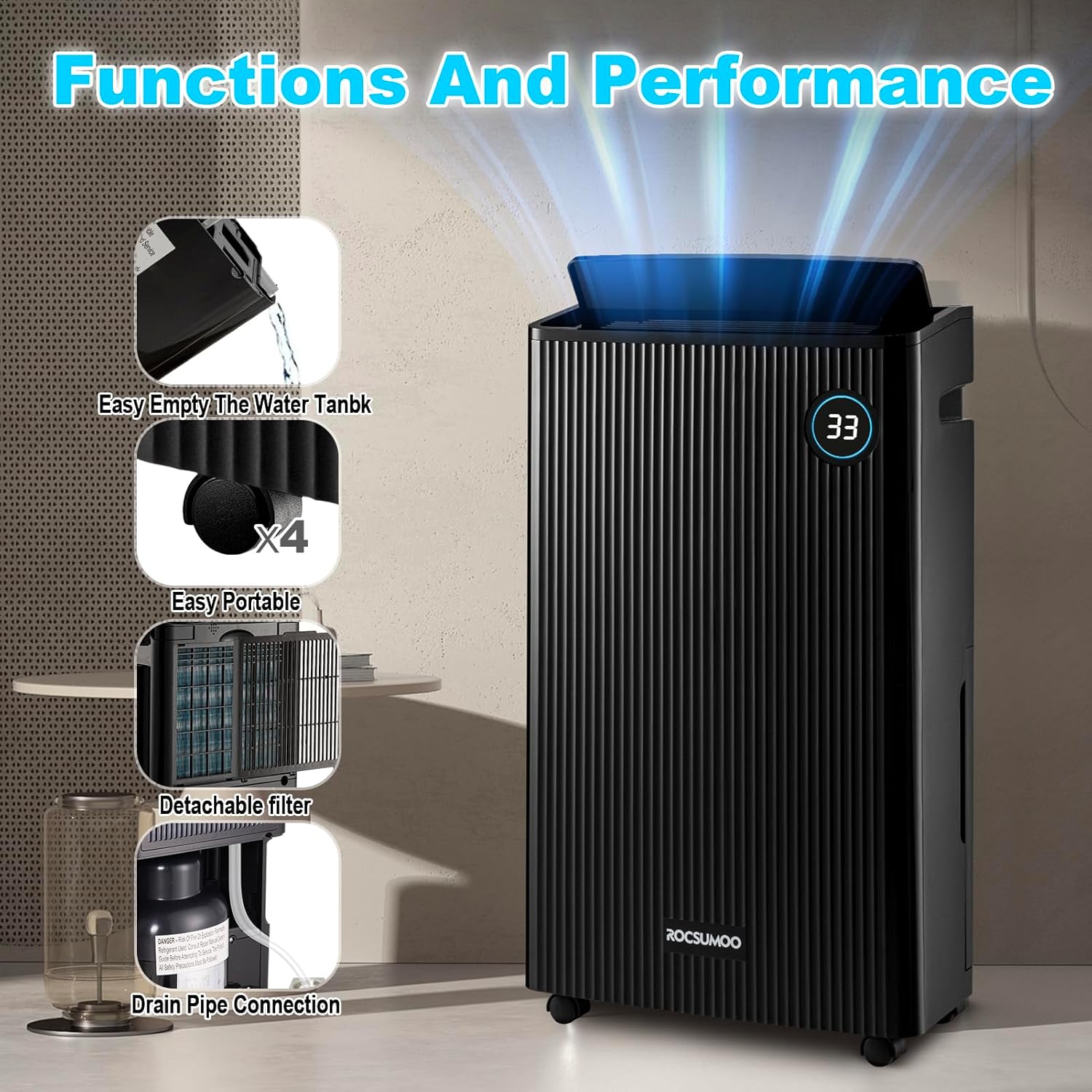 50 Pint Dehumidifier for Basement, Large Room & Home - 4500 Sq. Ft Dehumidifier with Drain Hose, 1.32 Gallons Water Tank, Intelligent Humidity Control, Auto or Manual Drainage, 24HR Timer
