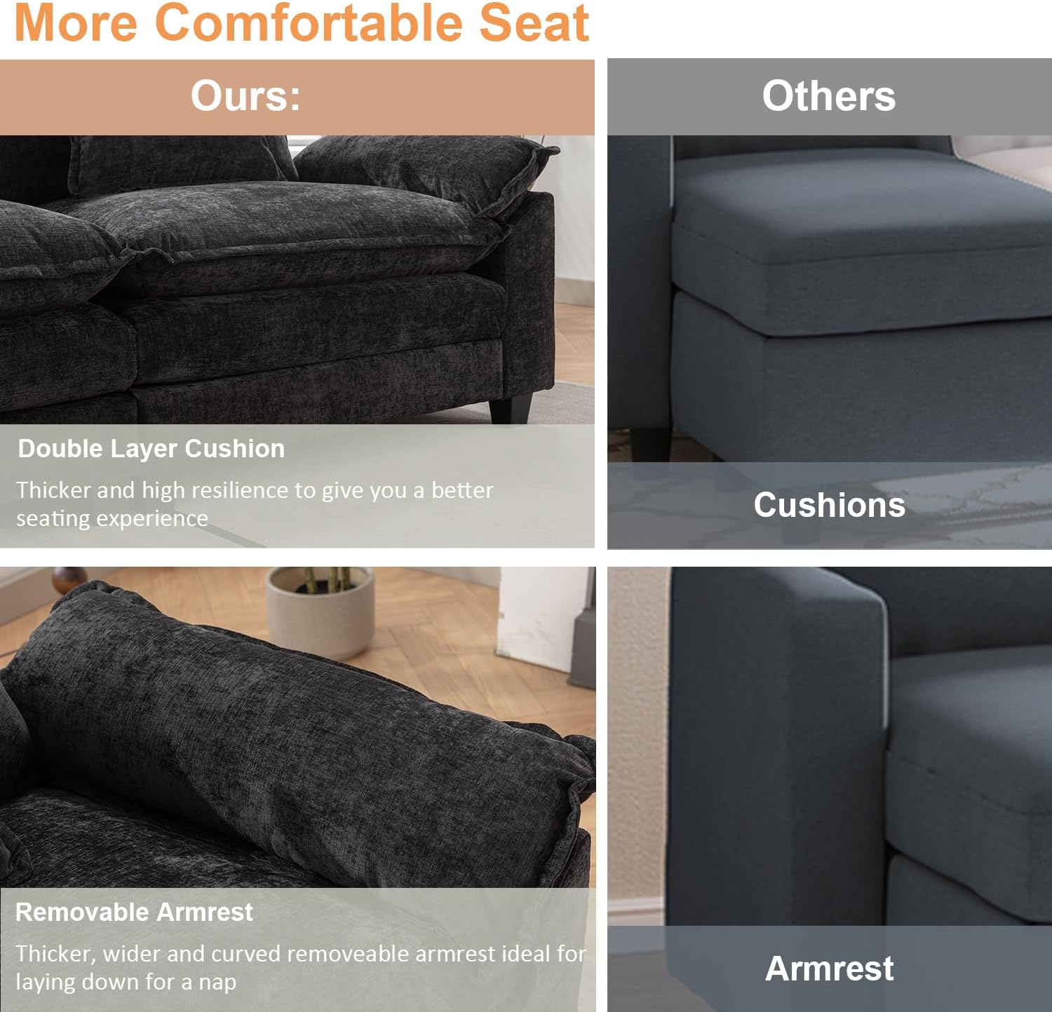 IPKIG 117" Sectional Sofa, Chenille L-Shaped Couch Comfy Upholstered 3-Seat Sofa with Ottoman, 3 Lumbar Pillow, Deep Seat Modular Oversized Couch for Living Room, Apartment, Studio (Black, 4-Seat)