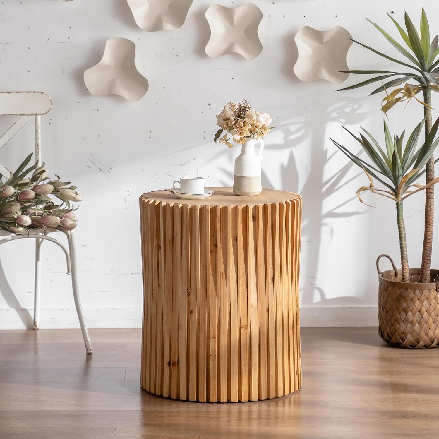 Retro Fashion Style Cylindrical Coffee Table with Vertical Texture Relief Design,Suitable for Living Room,Office,and Dining Room(Same SKU:W757102860)