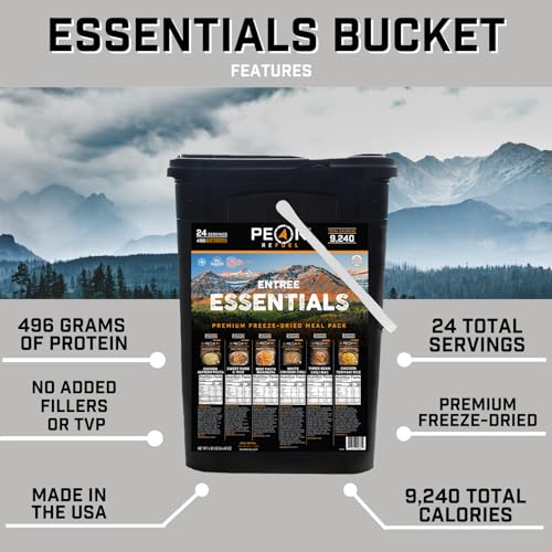 Peak Refuel Essentails Bucket | 100% Real Meat | Premium Freeze-Dried Meals for Backpacking, Camping & Survival | 24 Servings | MRE Emergency Food