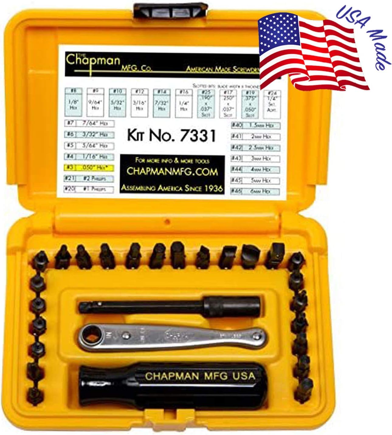 Chapman MFG 7331 All-Purpose Standard Screwdriver Set - Includes Phillips, SAE Allen Hex & Slotted/Flathead Bits, Complete Set Offers 24 USA Made Insert Bits + Mini Ratchet Hand Tool (Desert Tan Case)