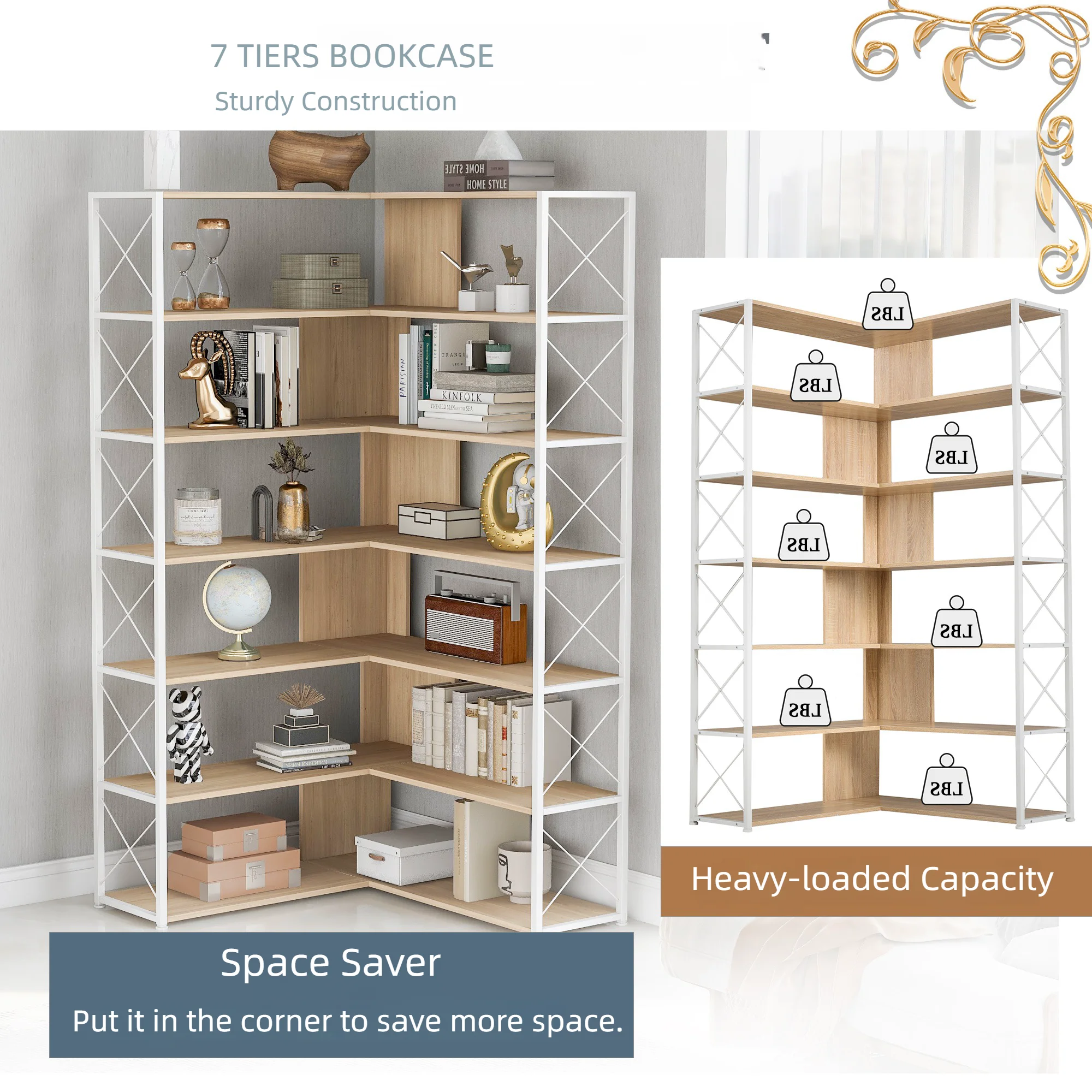 L-Shaped Corner Bookshelf 7-Tier Bookcase with Metal Frame and Industrial Style Design - Spacious Home Office Shelf for Books, Decor, MDF Boards - Sturdy and Stylish Storage Solution (Oak)