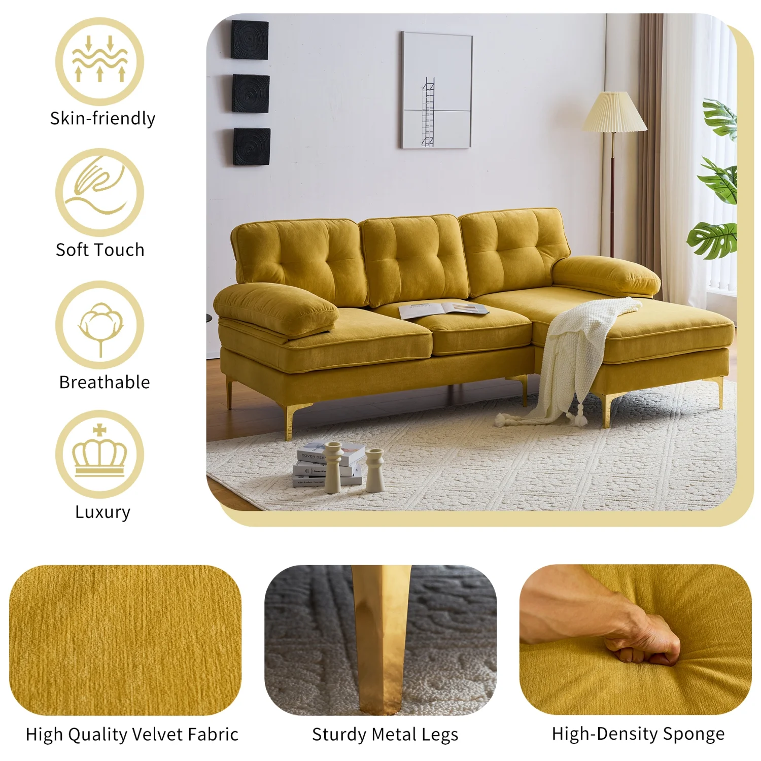Churanty Modern 3 Seater Sectional Sofa with Chaise,Velvet L Shape Sofa Couch with Gold Legs for Living Room Bedroom,Yellow
