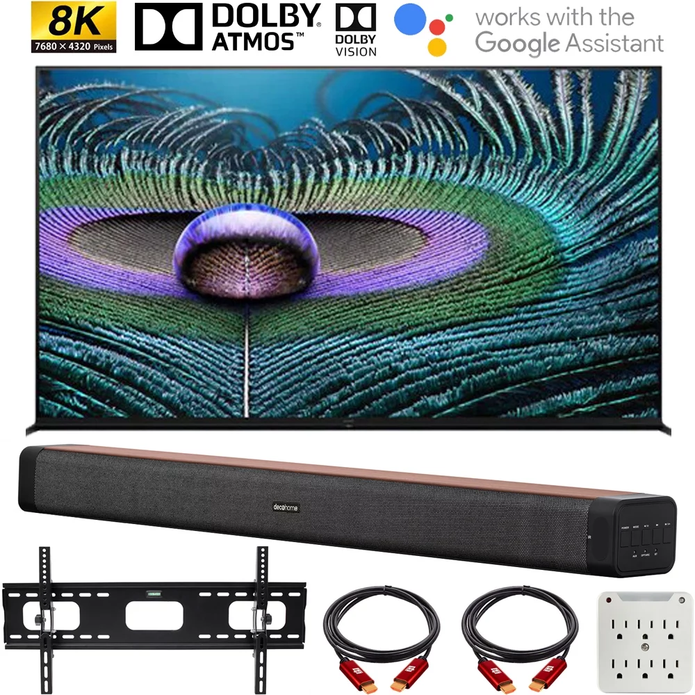 Sony XR85Z9J 85 inch Z9J Bravia XR Master Series 8K LED HDR Smart TV 2021 Bundle with Deco Home 60W 2.0 Channel Soundbar, 37"-100" TV Wall Mount Bracket Bundle and 6-Outlet Surge Adapter