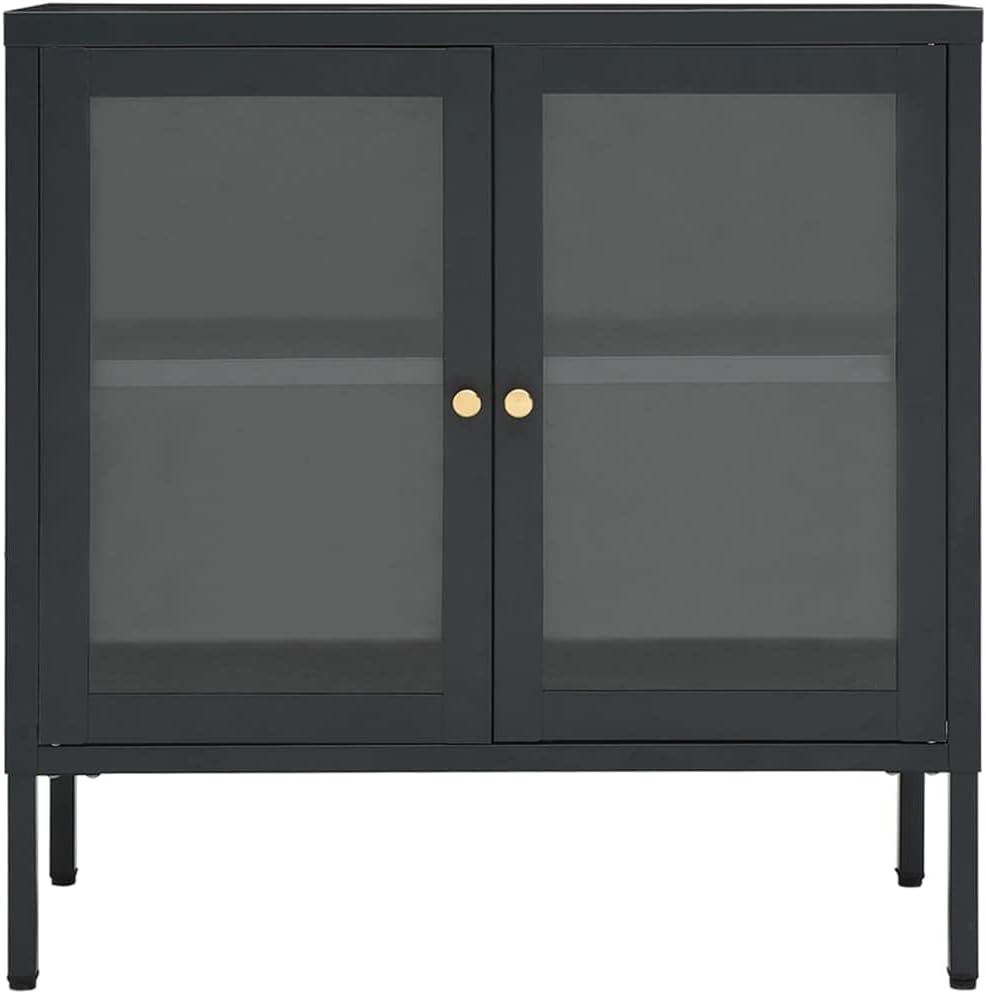 Asomie Sideboard Anthracite 27.6"x13.8"x27.6" Steel and Glass Home Furniture Cabinets Fashion Kitchen Indoor Storage Buffets Sideboards Storage Cabinet US Stock Fast Shipment Anthracite