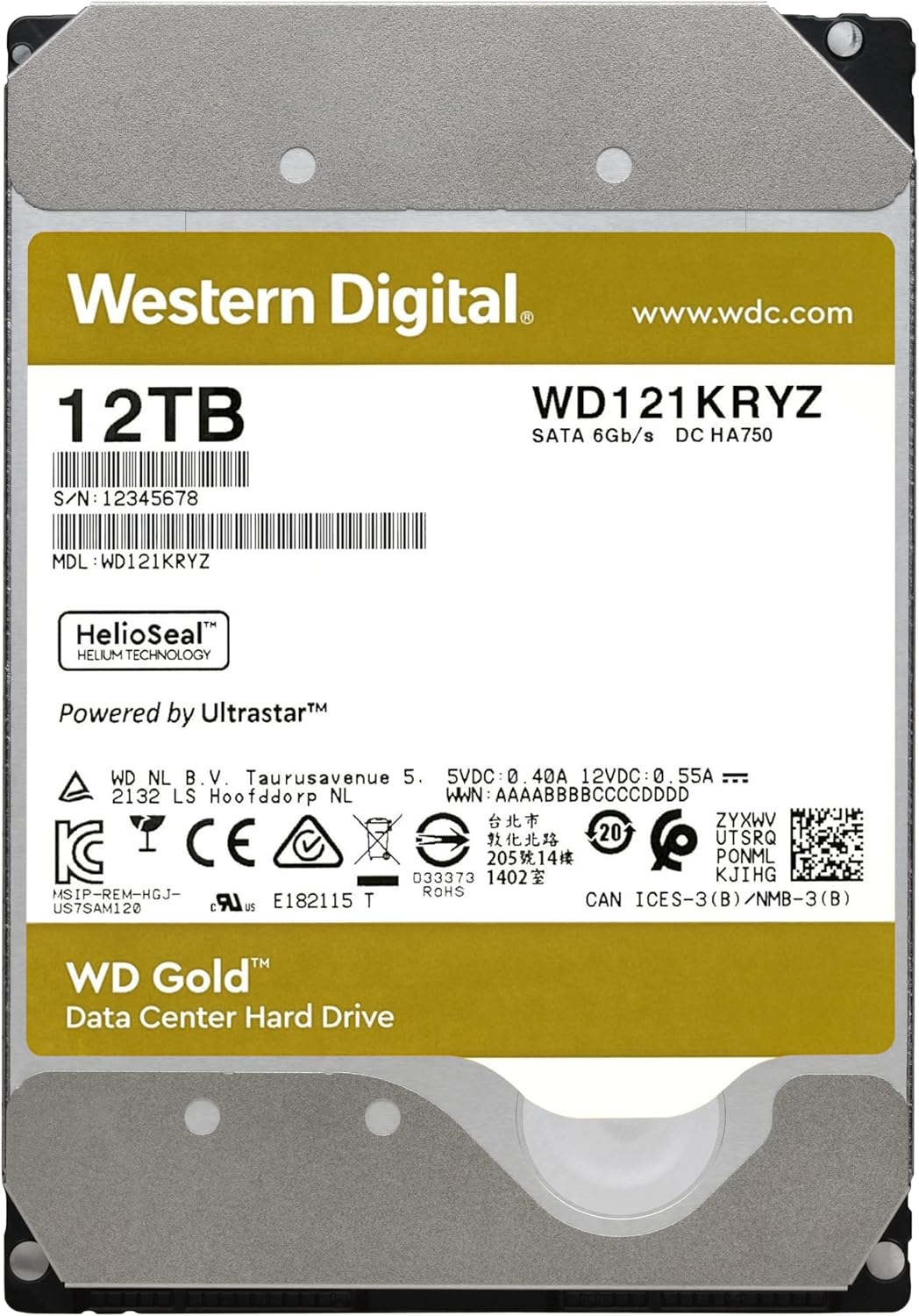 Western Digital 8TB WD Gold Enterprise Class Internal Hard Drive - 7200 RPM Class, SATA 6 Gb/s, 256 MB Cache, 3.5 - WD8004FRYZ