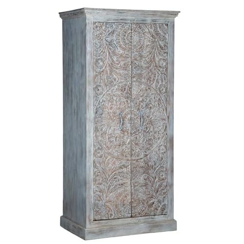 Shabby Chic White Carved Wardrobe - Solid Wood, 35.2" W x 23.4" D x 74.6" H Inches,Solid Wood Wardrobe,White Armoire