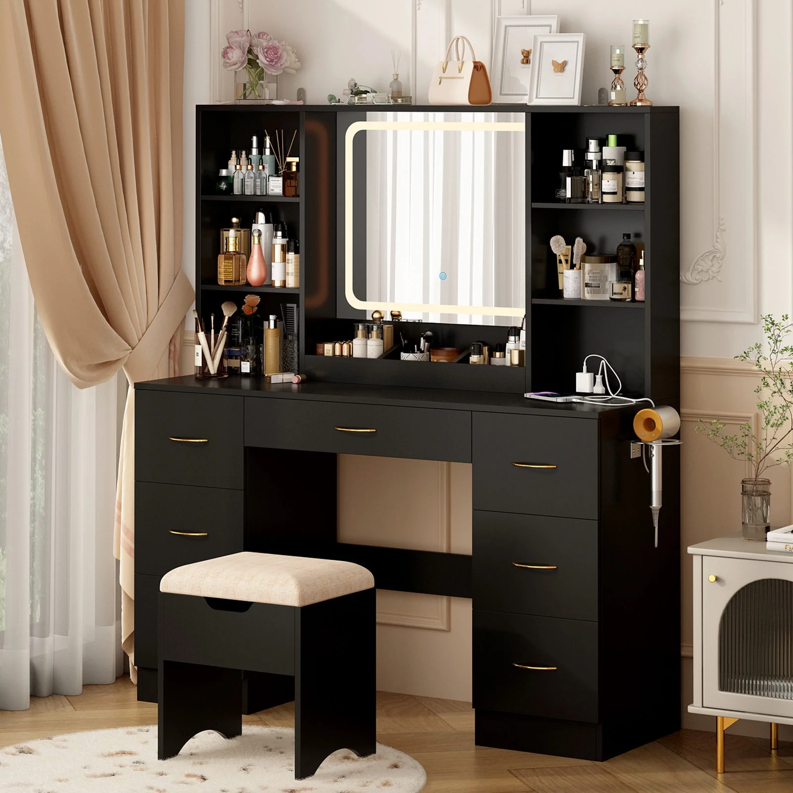 47" Large Vanity Desk with LED Lighted Mirror & Power Outlet & 7 Drawers, Makeup Vanity Table Set with Storage Stool and Hair Dryer Rack, Black