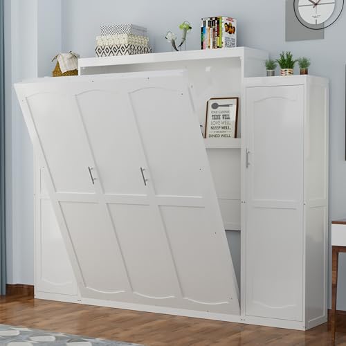 KLMM Wooden Murphy Bed Wall Bed with 2 Wardrobe and Storage Shelf,Foldable Platform Bedframe for Guest-Room Bedroom Study Office Use (White#E, Full)