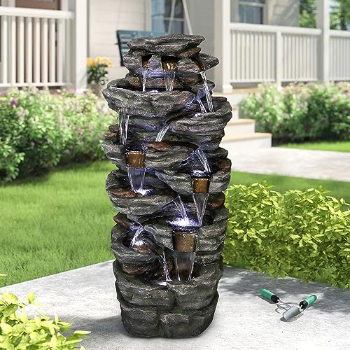 watnature Large Outdoor Water Fountain - 47 1/5” H 9-tier Outdoor Garden Fountain with LED Light, Stone-Liking Natural Looking Resin Waterfall Feature for Patio, Garden, Lawn, House&Office Decor