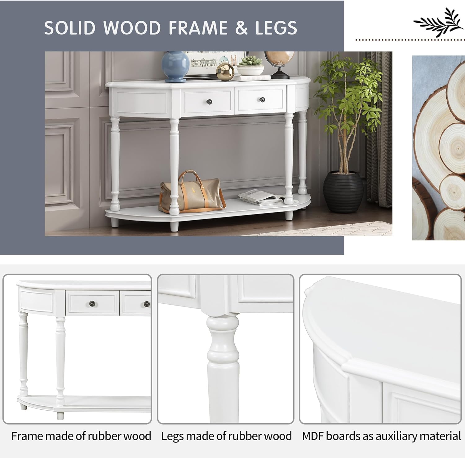 Storage Cabinet Retro Circular Curved Console Open Shelf and 2 Top Drawers, Half Moon Entry Solid Wooden Frame and Legs,Wood Sofa Tables, for Hallway, Living Room, White
