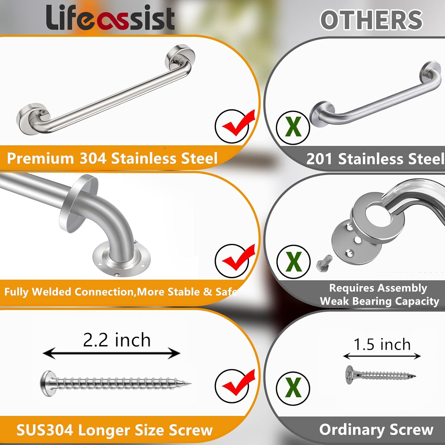 18 Shower Grab Bar, 2 Pack Brushed Nickel SUS304 Safety Bathroom Grab Bars with Concealed Screws, 500lbs Support Assist Bath Handle Balance Bar for Handicap Elderly Pregnant Pack of 2