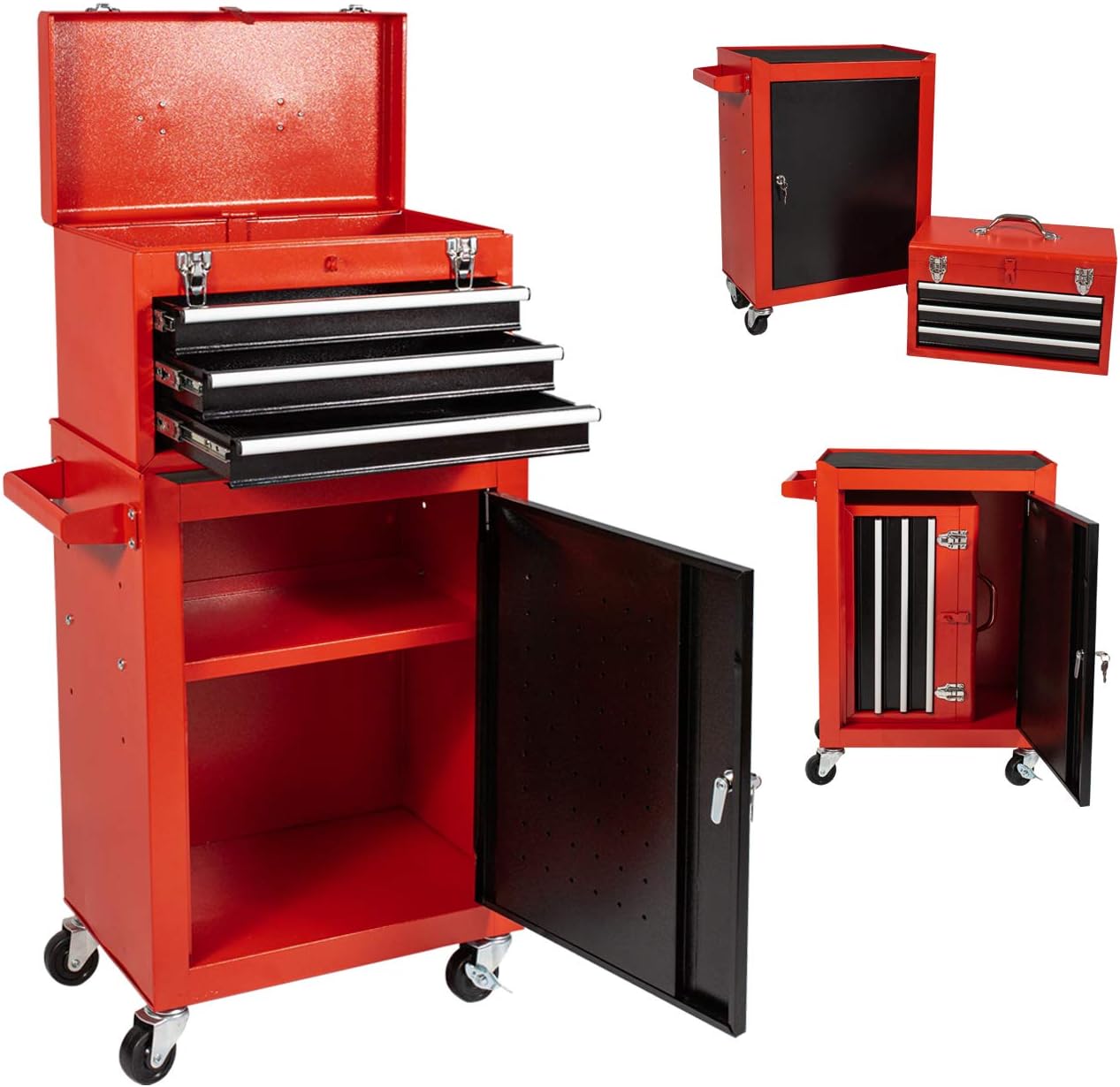 Tool Chest&Tool Box,Rolling Tool Chest,Tool Cabinet with 4 Wheels,Tool Chest with 3 Drawers,Large Capacity Removable Toolbox with Lock for Garage and Warehouse (Black&Red)
