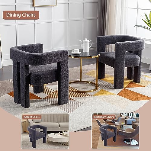 Modern Boucle Dining Chair Set of 4, Sherpa Barrel Accent Chairs Upholstered Armchair Comfy Side Chair for Kitchen Living Room Reception (Green, Set of 4)