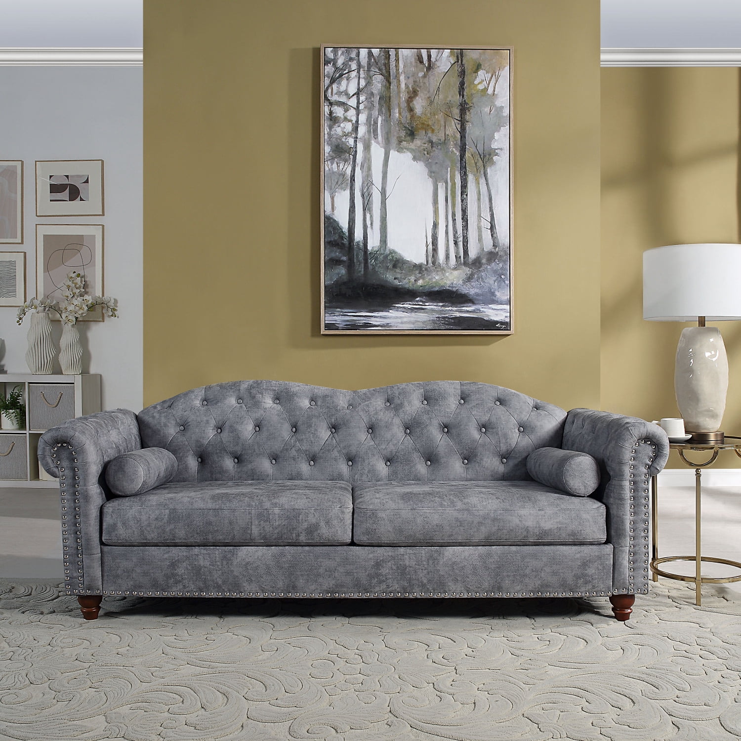 Holaki 84" Chesterfield Fabric Upholstered Sofa,High-Tech Fabric Surface Sofa,Deep Button Tufting Surface Fabric Nailhead Accents with 2 Pillows(Grey)
