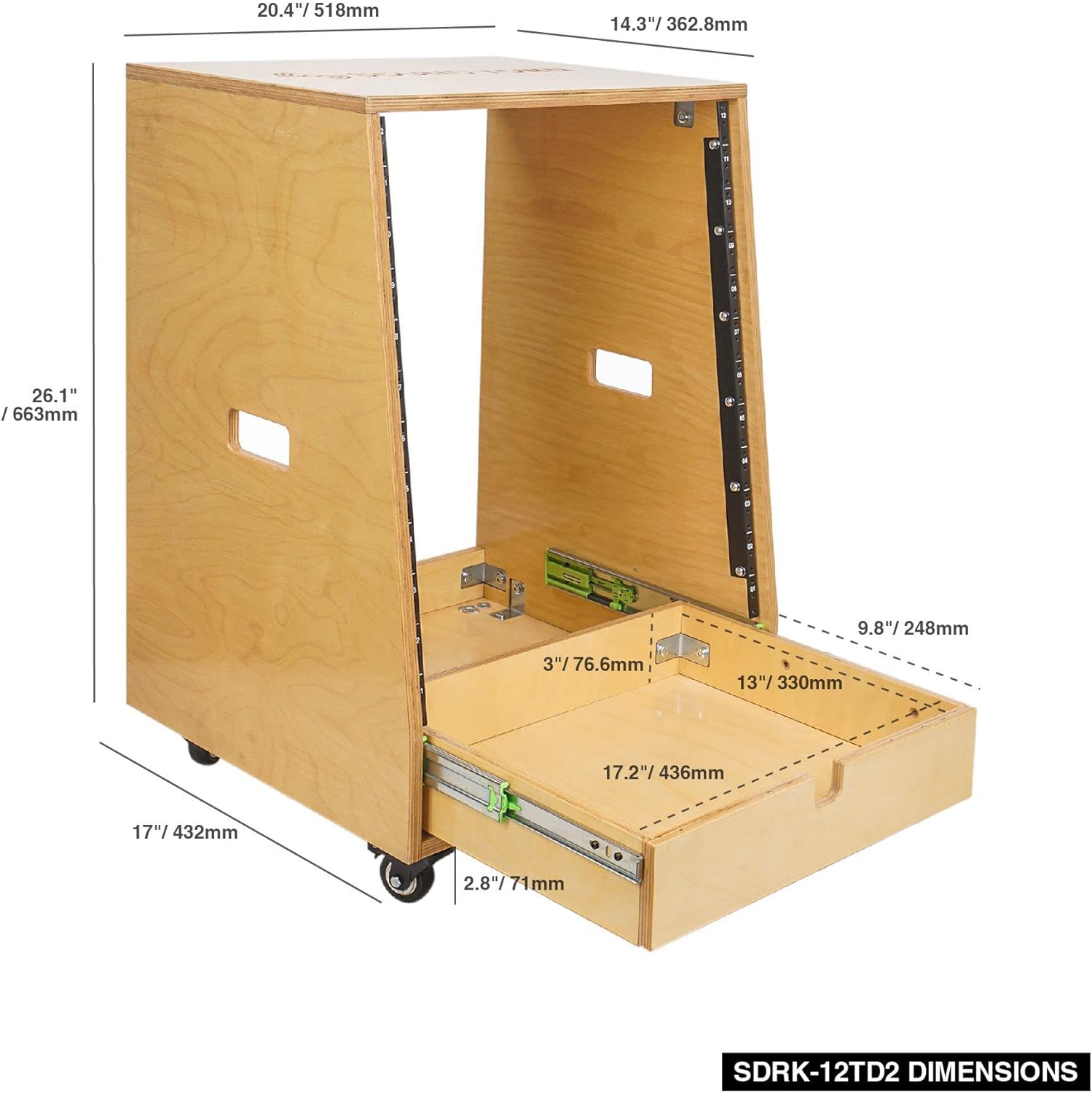 Sound Town 12U DIY Slanted Studio Rack with 12U Rack Space, Extra 2U Drawer, Plywood, Rubber Feet, Casters, Weathered Gray (SDRK-12TBD2)
