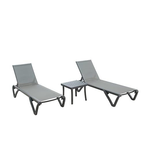 Patio Chaise Lounge Chair Set of 3,Outdoor Aluminum Polypropylene Sunbathing Chair with 5 Adjust Position,Side T for Beach,Yard,Balcony,Poolside(Grey,2 Lounge Chair+1 T) Patio Furniture & Accessories