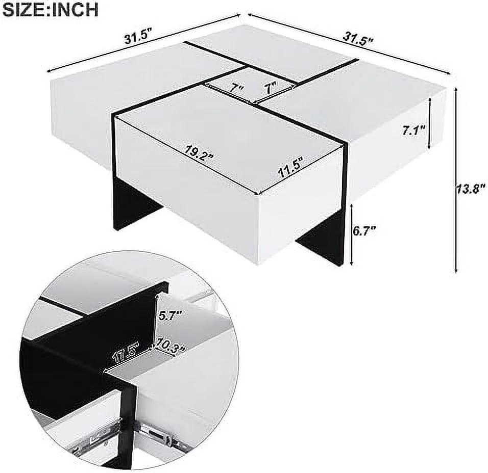 TJUNBOLIFE Coffee Table with 4 Hidden  Compartments  Square Cocktail Table with Extendable Sliding Tabletop  UV High-Gloss Design Center Table for Living Room（Brown）