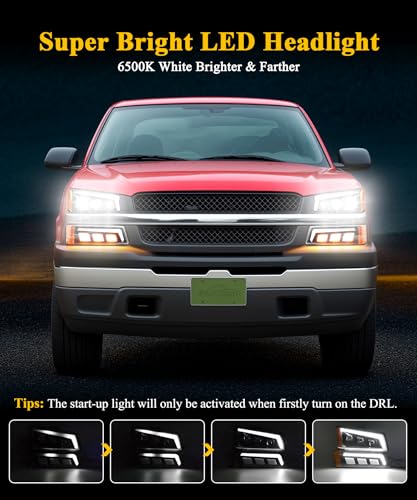 Partsam LED Headlights Assembly DOT Approved with Start-up Light DRL Sequential Turn Signal Hi/Low Sealed Beam Side Marker Lights Replacement for Silverado Avalanche 2003-2006