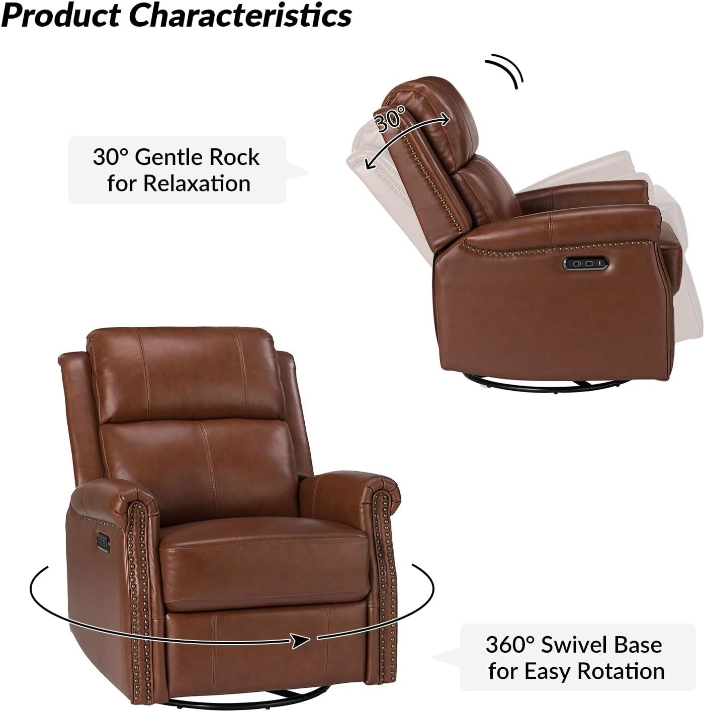 HULALA HOME Renato Traditional Genuine Leather Nailhead Power Swivel Recliner with Metal Base by BROWN